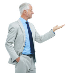 Wall Mural - Hand, mockup and senior businessman in studio for marketing, promotion or advertising. Career, space and professional mature male lawyer with open palm for presentation gesture by white background.