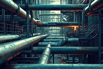 Poster - A photo showcasing the extensive network of pipes and machinery in an industrial factory, Abstract representation of industrial pipelines, AI Generated