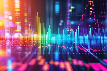 Poster - This photo features a vibrant abstract background filled with an assortment of vivid lines and dots, Abstract representation of stock market trends with colorful graphs and charts, AI Generated