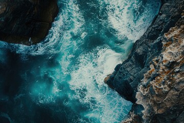 Wall Mural - This photo captures a breathtaking aerial view of the vast ocean as seen from a towering cliff, Aerial display of a moody sea weaving around boulder-strewn coastlines, AI Generated