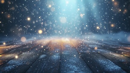 beautiful winter snowy blurred defocused blue background and empty wooden flooring. flakes of snow f