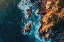 This Aerial Photo Captures The Expansive View Of The Ocean And The Rugged Rocks Along The Coastline, Aerial Perspective Of The Sea Kissing Rocky Shores At Dawn, AI Generated