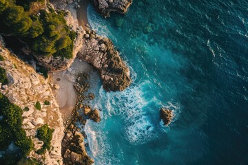 Wall Mural - This photo captures an aerial perspective of the vast ocean and rugged rocks along the coastline, Aerial perspective of the sea kissing rocky shores at dawn, AI Generated