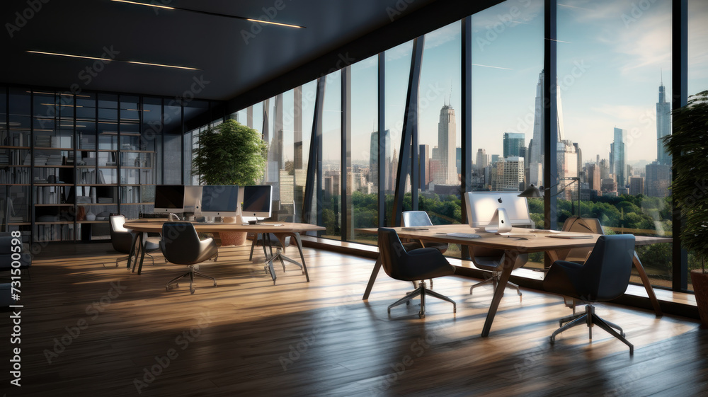 New glass concrete office interior with city view, daylight, wooden ...