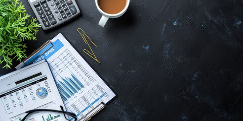 accounting work space with calculator, profit and tables on dark desk top view mock-up