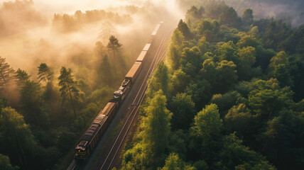 Wall Mural - Cargo Train  summer morning forest fog sunrise Aerial view