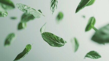 Wall Mural - Flying mint leaves over white background