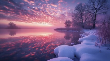 winter landscape with frost, snow and ice on lake and sunset sky with dramatic colored clouds