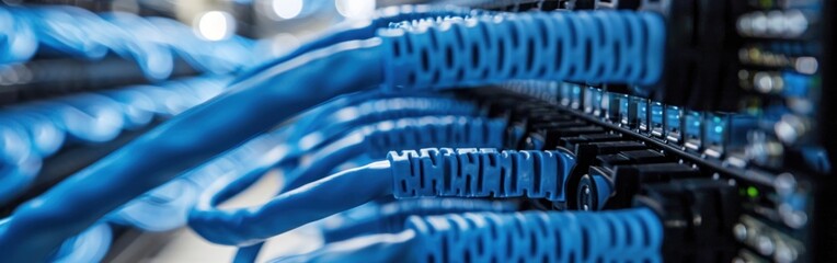 Poster - network cables connected to switch - closeup of data center hardware technology. Banner.