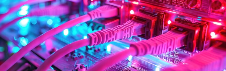 Poster - Fiber Optic cables connected to an optic ports in a data center. Banner.