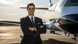 Modern private jet pilot smiling, airline employee, aviation industry worker