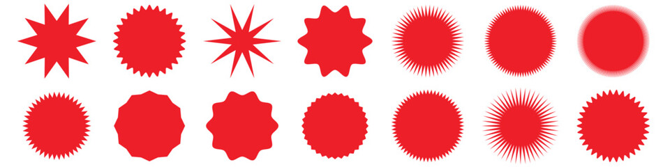 Poster - Red starburst sticker set. Price sticker, sale sticker, price tag, starburst, quality mark, retro silhouette. Sunburst retro sale badge, quality signs, sale icons.  star blank label.