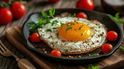 Wall Mural - Fried Egg on Toast With Tomatoes and Parsley Banner.