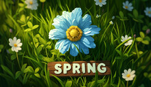 A Blue Flower Protruding From The Ground, Positioned With A Wooden Sign With A Hollow Inscription "SPRING". Spring Picturesque Background. Spring Theme