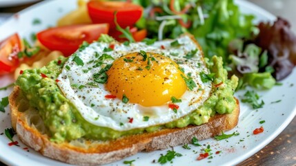 Wall Mural - Avocado toast with fried egg and fresh vegetables on wooden table.