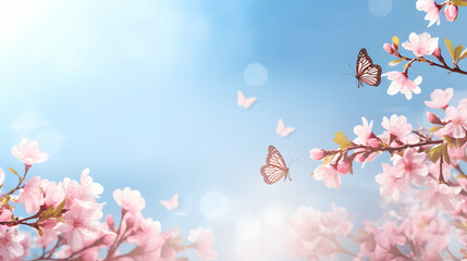 Wall Mural - Blooming cherries and flying butterflies under bright blue sky, vibrant spring background with copy space, fruit tree branches in garden