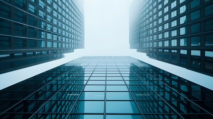 Modern skyscrapers reaching into a foggy sky. urban architecture, glass facades. commercial real estate. AI