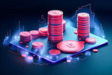 Fototapete - Pink  coin sign isolated on purple  background. Income concept. 3D rendering,  generative ai