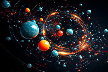 Poster -  Abstract composition with a cluster of 3d spheres. Glossy bubbles, 3D illustration of balls. Trendy banner or poster design. Futuristic background , generate AI
