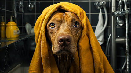 Wall Mural - A Hungarian Vizsla, snug in a yellow towel post-bath