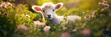 Adorable Little Lamb, Sheep Lying In A Meadow Among Spring Wild Flowers. The Birth Of A New Life. Cute Young Animal. Panoramic Header With Copy Space For Greetings Card. Generative Ai.