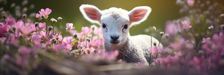 Wall Mural - Birth of Spring: Lovely Lamb Amidst Wildflowers in Meadow. Nature, Animals, Spring, Easter, Greetings Card, Panoramic Header, Copy Space.