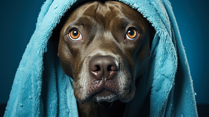 An Amstaff, wrapped in a towel after a bath, on a blue background