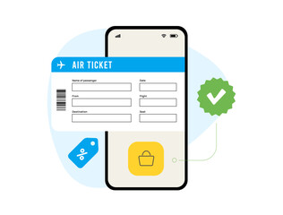 Wall Mural - Seamless travel experience. Mobile app with airline ticket, purchase button and discount tag icon. Effortless mobile app ticket booking for convenient and discounted travel. Vector illustration