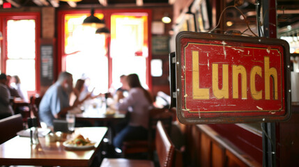 Lunch concept image with Lunch sign in a restaurant dining room with people eating in background
