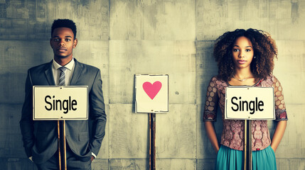 Single people concept image with unmarried man and single woman and sign with written word Single