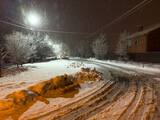 Fototapeta Na sufit - Snow falls in the light of a street lamp near the road at night