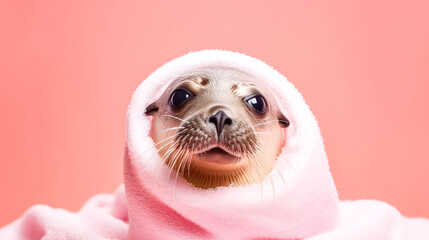 Wall Mural - A fur seal wrapped in a pink towel after a bath