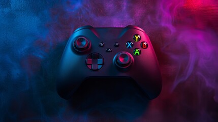 Sticker - Black game controller isolated with colored lights illuminating it. Selective focus. Low light.