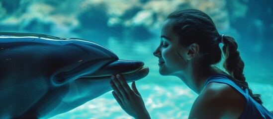 Sticker - A fun science experiment with marine mammals: a woman kisses an electric blue dolphin underwater in a fluid-filled aquarium.