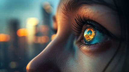 Sticker - Close-up of a woman's eye reflecting a big city.