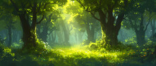 A Vibrant Green Lush Forest With Numerous Trees, Rich Grass, And Sunlight Creating Exotic Fantasy Landscapes. The Scene Evokes The Essence Of Southeast Asia's Deep Tropical Jungles.