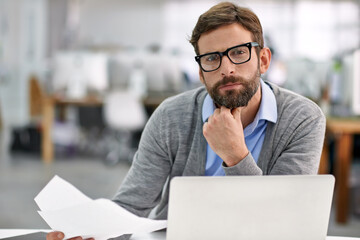 Poster - Businessman, portrait and thinking with laptop or documents in finance, budget planning or investment at office. Man, accountant or employee in wonder with paperwork and computer for financial plan