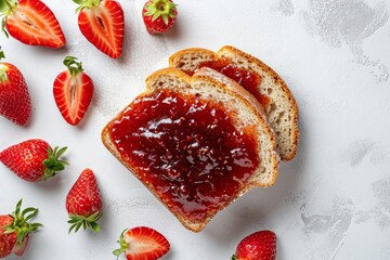 Poster - Bird s eye view of strawberry jam bread and fruit on white background