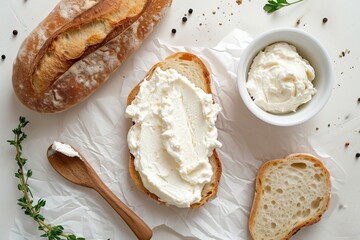 Wall Mural - Top view of cream cheese on white bread