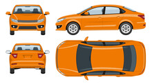 Orange Car Vector Template With Simple Colors Without Gradients And Effects. View From Side, Front, Back, And Top