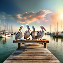 A Group Of Pelicans Resting On A Pier Near A Marina.