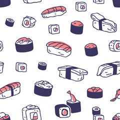 Poster - Seamless sushi pattern. Japanese food, endless background, repeating print. Japan rolls, maki texture for wrapping, package, textile, fabric design. Printable restaurant flat vector illustration
