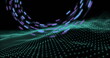 Image of glowing light trails of data transfer over mesh moving in fast motion