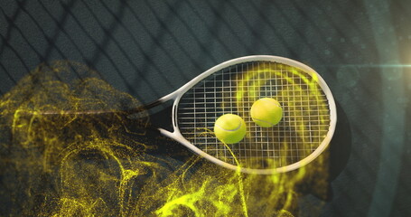 Poster - Image of glowing yellow particles over tennis balls on racket