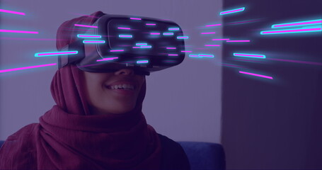Poster - Image of glowing light trails of data transfer over biracial woman in vr headset