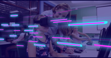 Sticker - Image of glowing light trails of data transfer over caucasian woman in vr headset