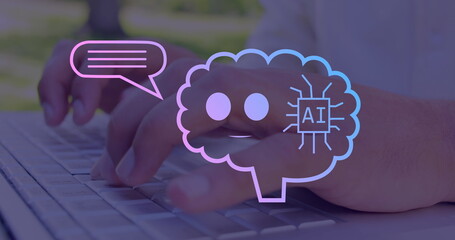 Poster - Image of ai text, icons and data processing over caucasian man using laptop