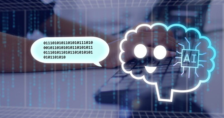 Poster - Image of ai text, icons and data processing over biracial woman using computer