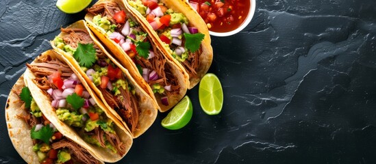 Wall Mural - Tacos with pulled pork, salsa, guacamole, lime, and empty area.