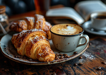 breakfast cup of coffee croissant morning neutral